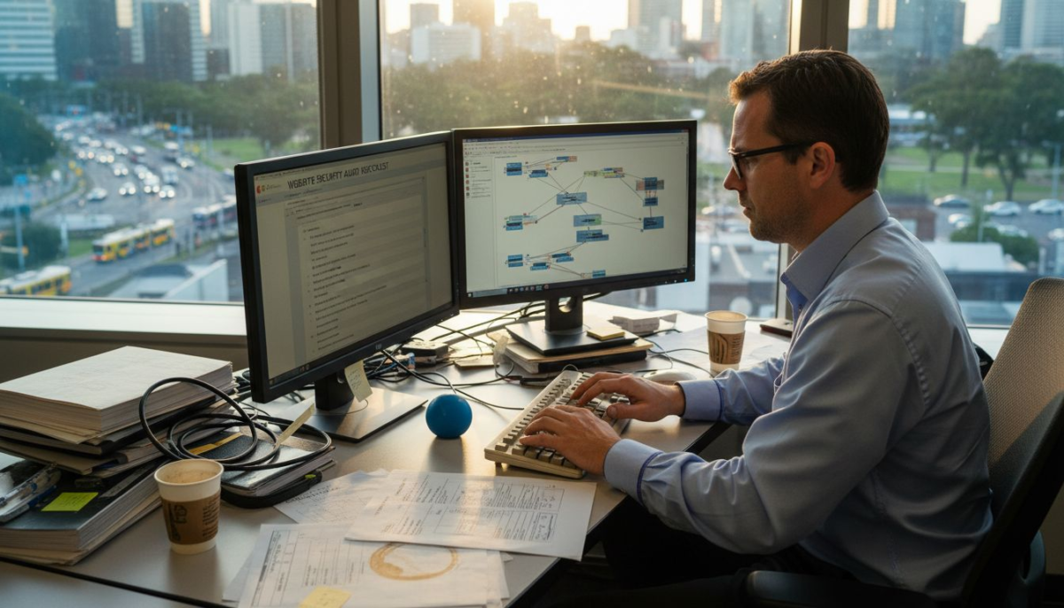 IT manager reviews website security checklist at desk