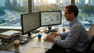 IT manager reviews website security checklist at desk